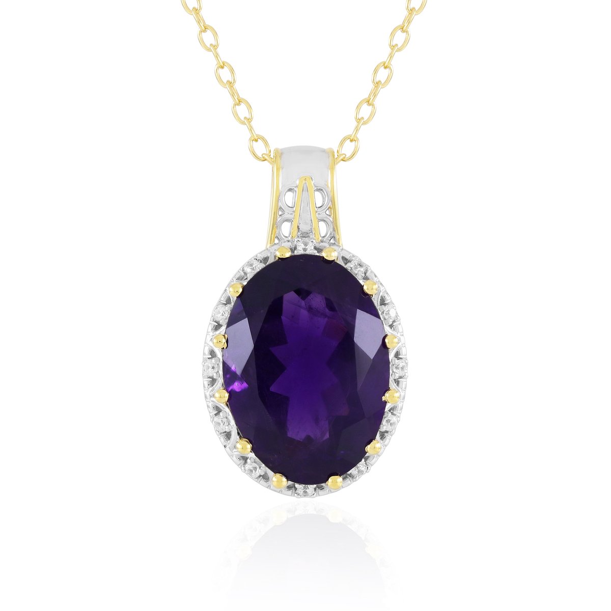 Cavill - Elegante Halsketting - 925 Sterling Zilver Verguld - Ovale Braziliaanse Amethist 10.035 ct - Cambodjaanse Zirkonia 0.14 ct