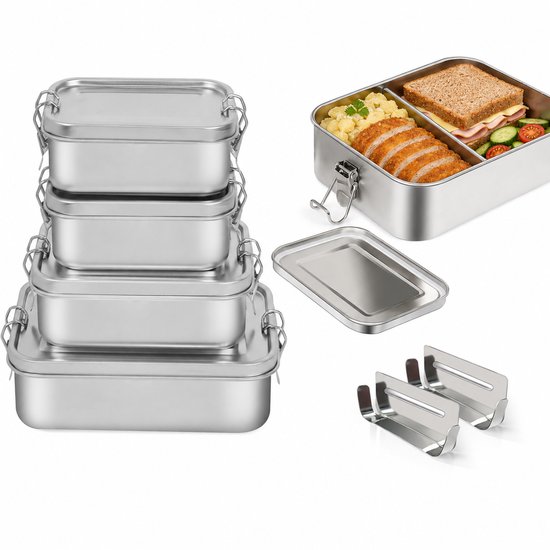Stapel RVS lunchboxen, gevulde lunchbox, los deksel en 2 RVS houders.