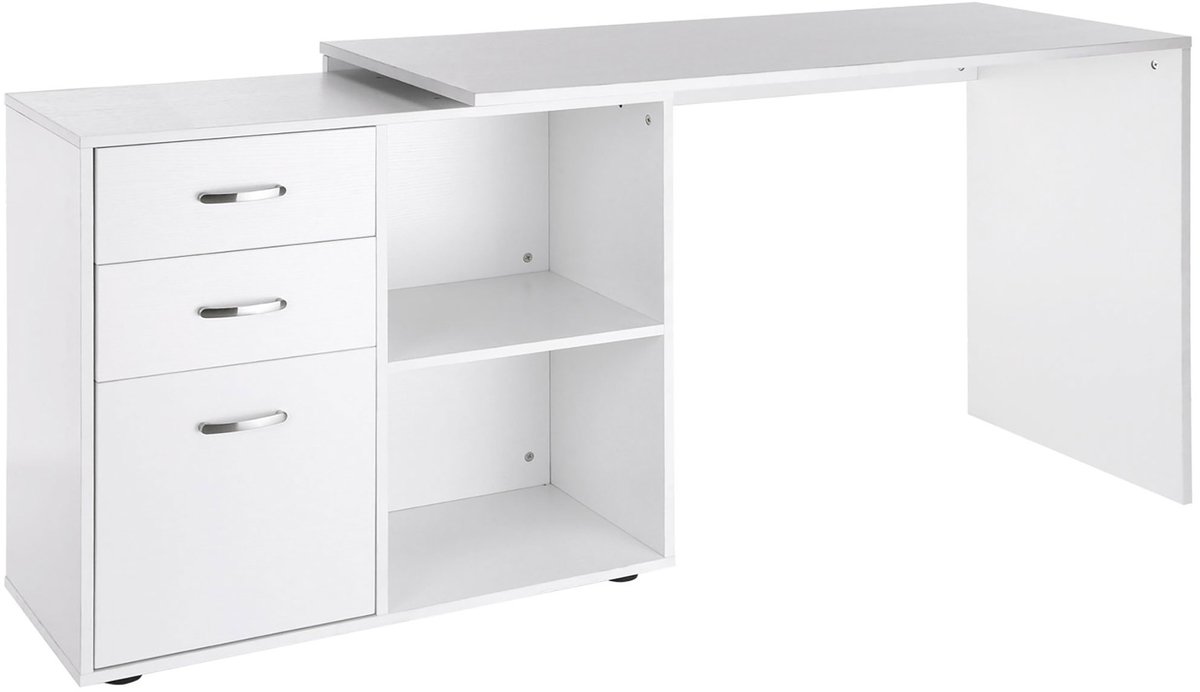 Bureau - L-Vormig Computerbureau met 3 Laden - 117 x 83.5 x 76cm - Bureau met Legplanken - Wit