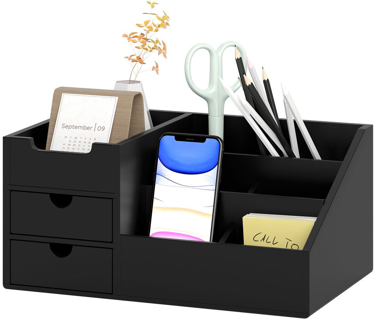 Bureau-opbergbox - 7 vakken - 2 lades - zwart | Bureau-organizer - gelakt bamboe