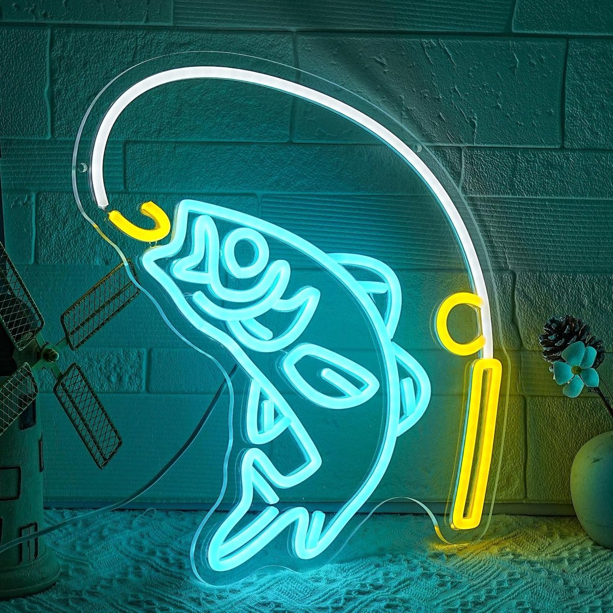Vissen Neonbord - Blauw/Geel - 37,8 x 32,99 cm - Acryl LED Wanddecoratie - Voor Vissers en Visswinkels