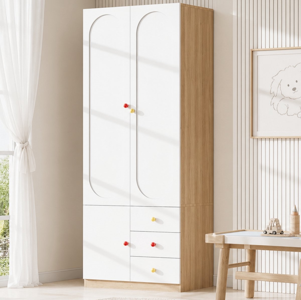 MIVRAY Kinderkledingkast - Met 2 Deuren En 3 Laden - Voor Kinderkamer En Slaapkamer - Hout - Wit - 80 X 50 X 200 Cm