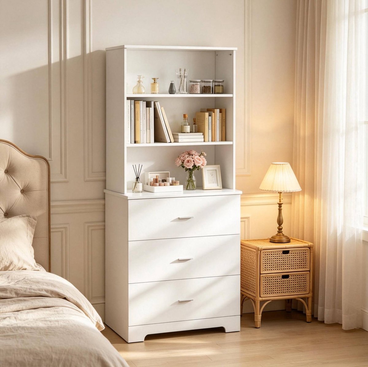 MIVRAY Boekenkast Met 3 Lades En 3 Open Vakken - Modern Wit Ontwerp Voor Woonkamer En Kantoor - Spaanplaat - 79 X 39,5 X 182,2 Cm
