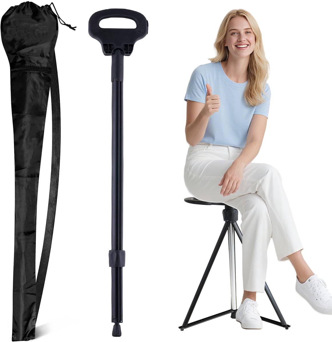 Famanu – Wandelstok met zitting, lichtgewicht 2-in-1 wandelstok voor volwassenen, aluminium met draagtas