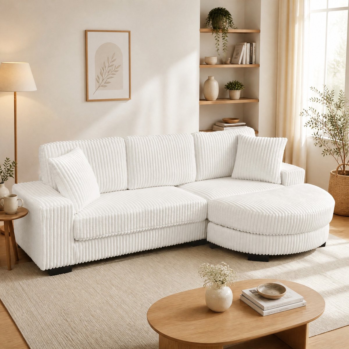 DESMIU Hoekbank 4-Zits L-Vormig - Modulair Met Ovale Hocker En 2 Kussens - Voor Woonkamer, Appartement En Kantoor - Corduroy - Beige