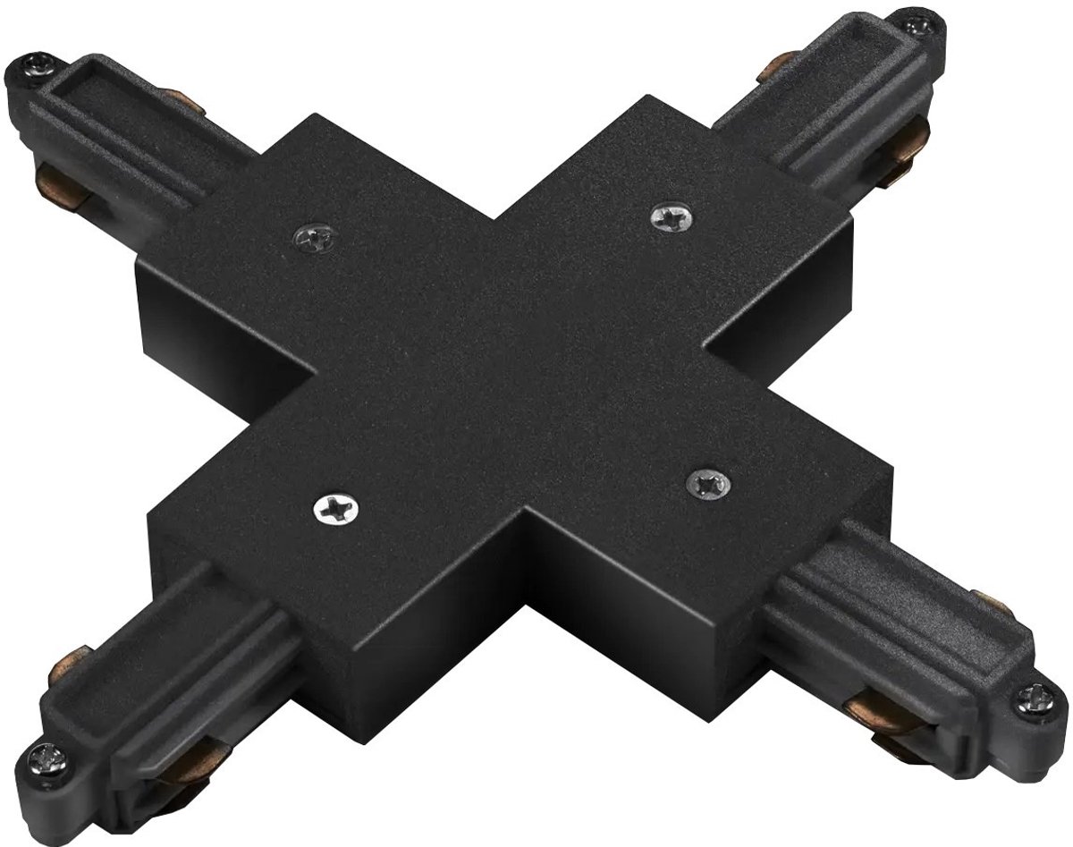 Track 1F X-connector, zwart kruiskoppelstuk voor 1-fase railsysteem met aardaansluiting aan de buitenzijde