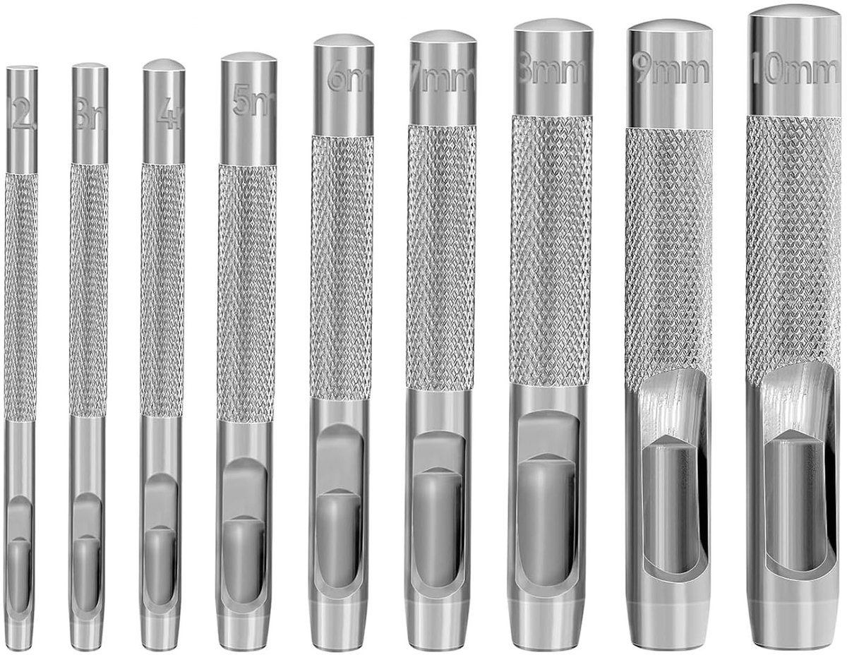 Ronde Perforator Set voor Leer - Zilver - 9 Stuks - Hoogwaardig Koolstofstaal - Voor Handwerk en Doe-Het-Zelf Projecten
