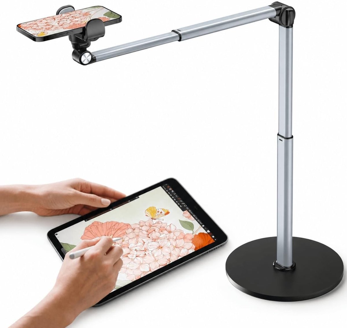 Heavy-duty Aluminium Telefoonhouder - Zwart - Verstelbaar Statief voor Top-Down Shots - Voor Koken, Knutselen en Filmen