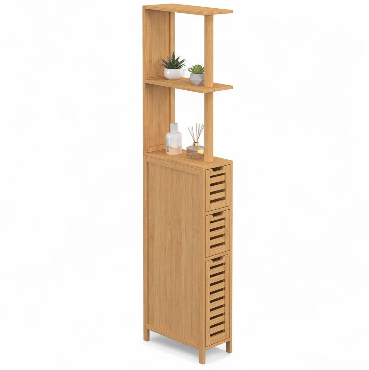 Famanu – WC-meubel met 1 deur en 2 laden van bamboe , met planken voor badkameropslag