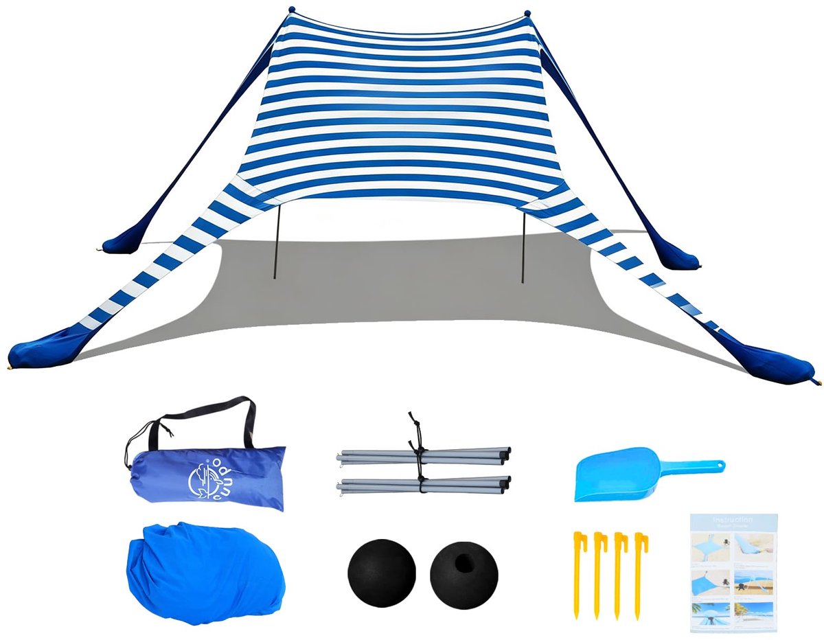 Famanu – Strandtent 2 x 2,1 m, pop-up met 50 zonwering, anti-wind, met ijzeren stabiliteitsstangen en zandzakken, voor strand, achtertuin, camping en reizen