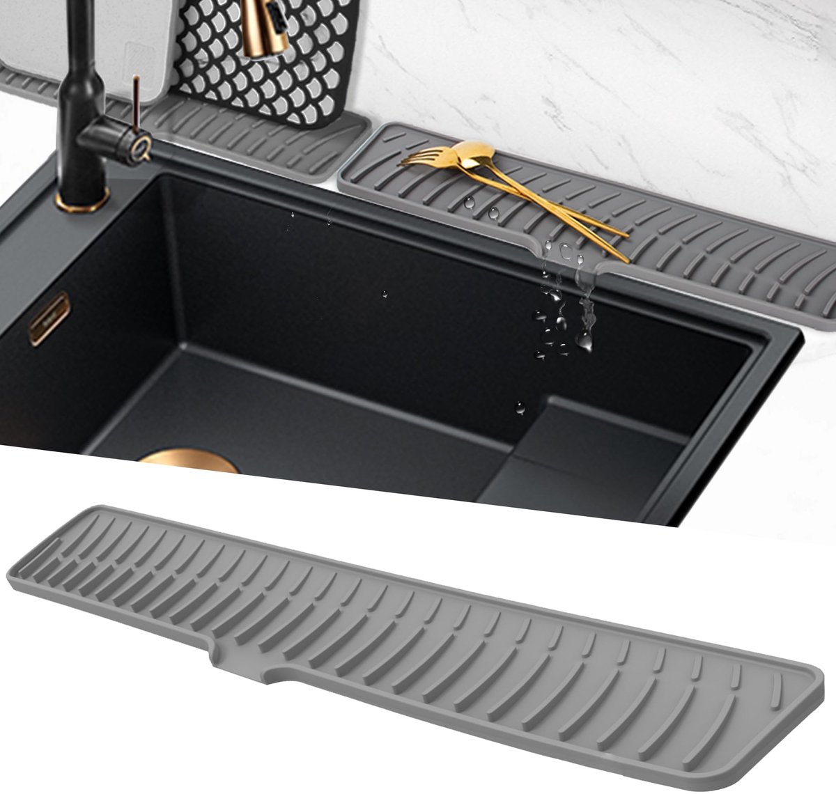 Volminex Siliconen Mat voor Spoelbak, Smalle Spoelbak Splash Guard, Kraan Mat voor Waterafvoer, Keuken Kraan Handvat - ShopVlot