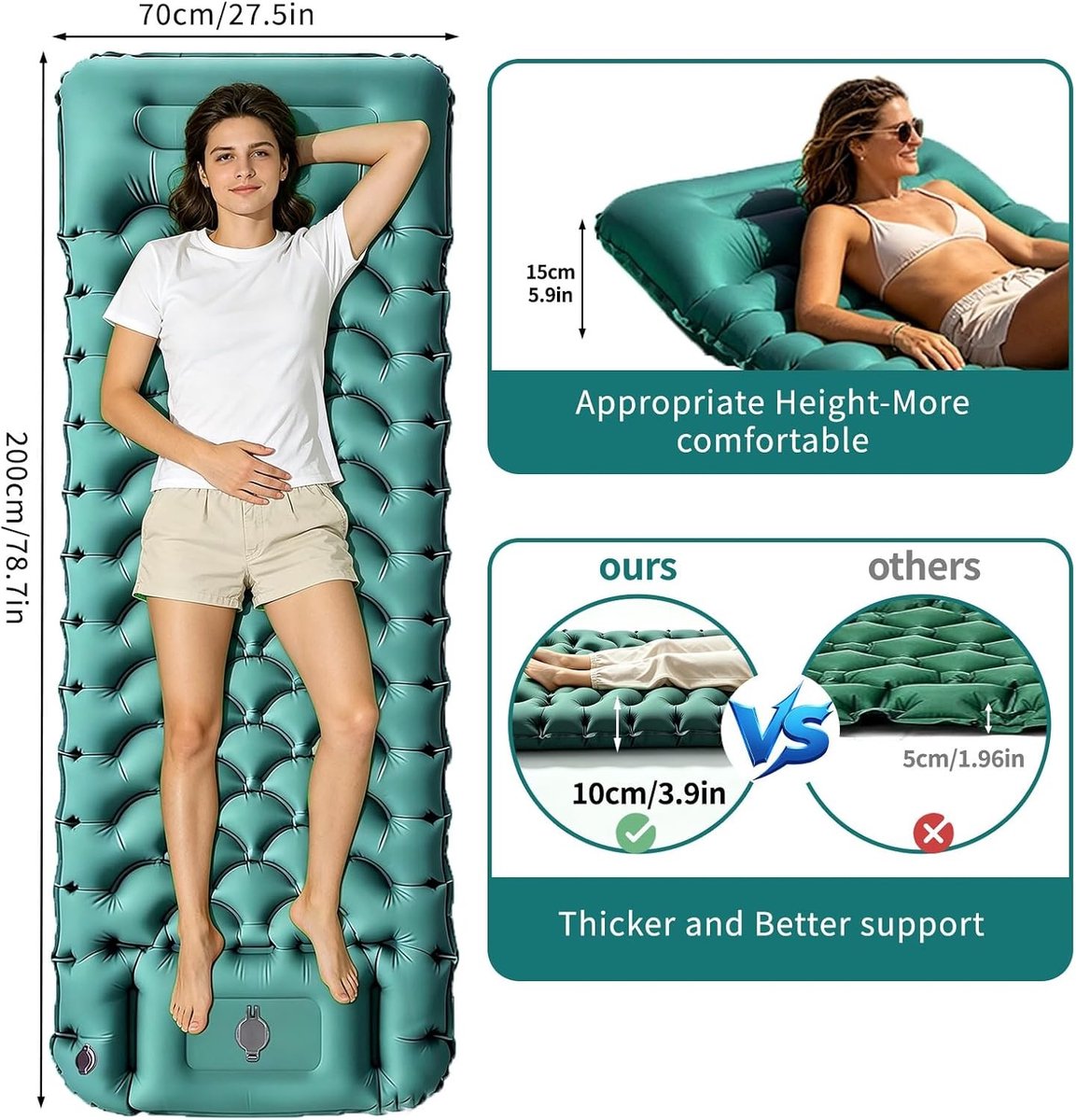 Zelfopblazend Kampeermatras - Pauwblauw - 200 x 70 x 10 cm - Ultralicht met Ingebouwde Voetpomp - Voor Kamperen en Buitenactiviteiten