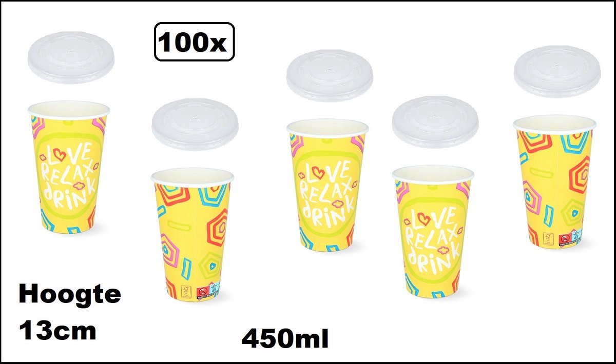 100x Milkshake beker Relax geel 450ml + 100x deksel - Karton - Drinken beker thema feest festival evenement fun diner milkshakebeker