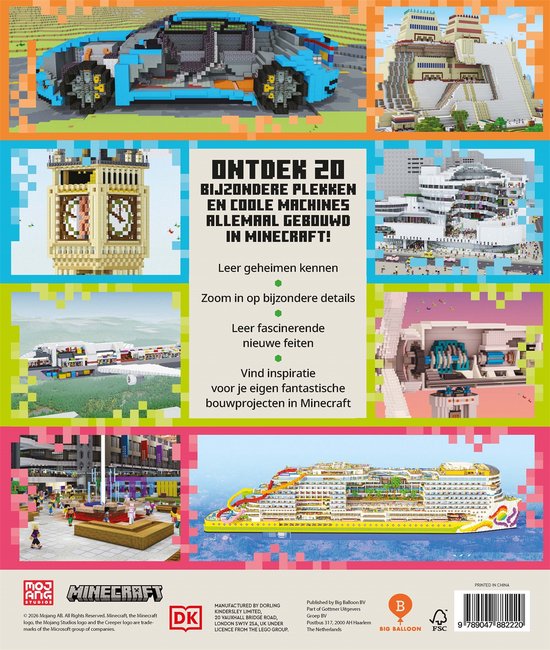 Boekomslag met Minecraft-creaties: een blauwe auto, een groot gebouw en een cruiseschip.