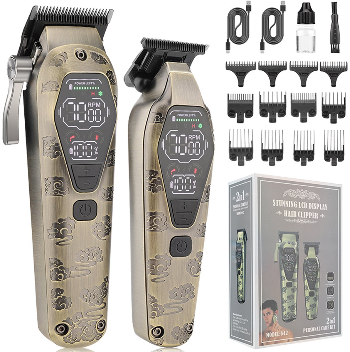 MODFU Tondeuse & Haartrimmer Set – LCD-scherm – Verstelbare tandafstand 0.45-0.8mm – Koolstofstalen mes – 3 Snelheden (6000-7000RPM) – Voor heren – Thuisgebruik – Bruin
