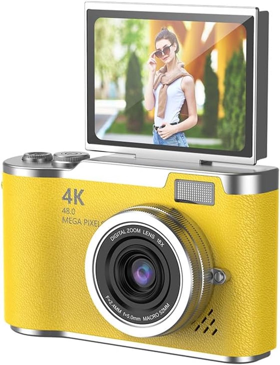 Digitale camera, 1080P HD 48MP compactcamera met een uitklapbaar 2,4-inch HD-scherm, ingebouwde LED-flitser, 8x digitale zoom, geschikt voor kinderen (geel).