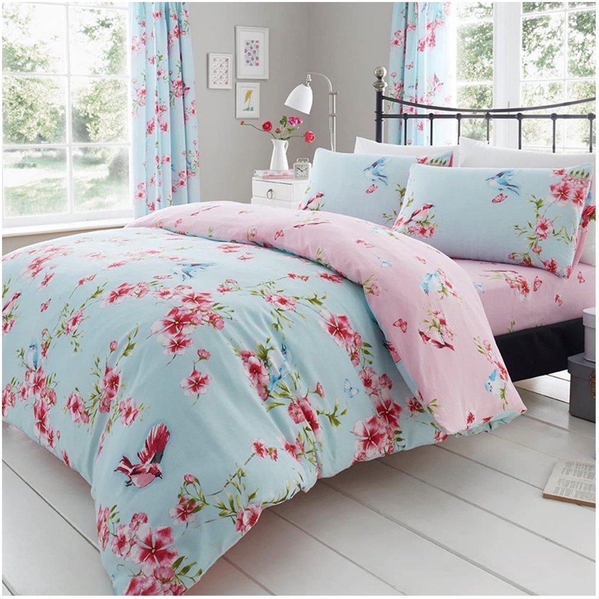 Famanu Bedset met dekbedovertrek en kussensloop, polyester-katoen, Birdie-blauw, dubbel formaat