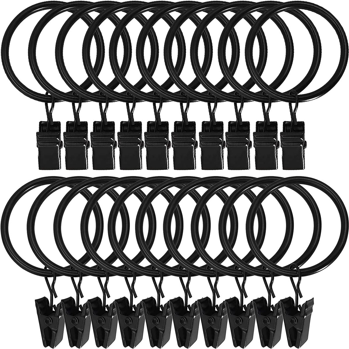 30 Gordijnringen met metalen clips, Stevig, roestvrij, voor gordijnroeden