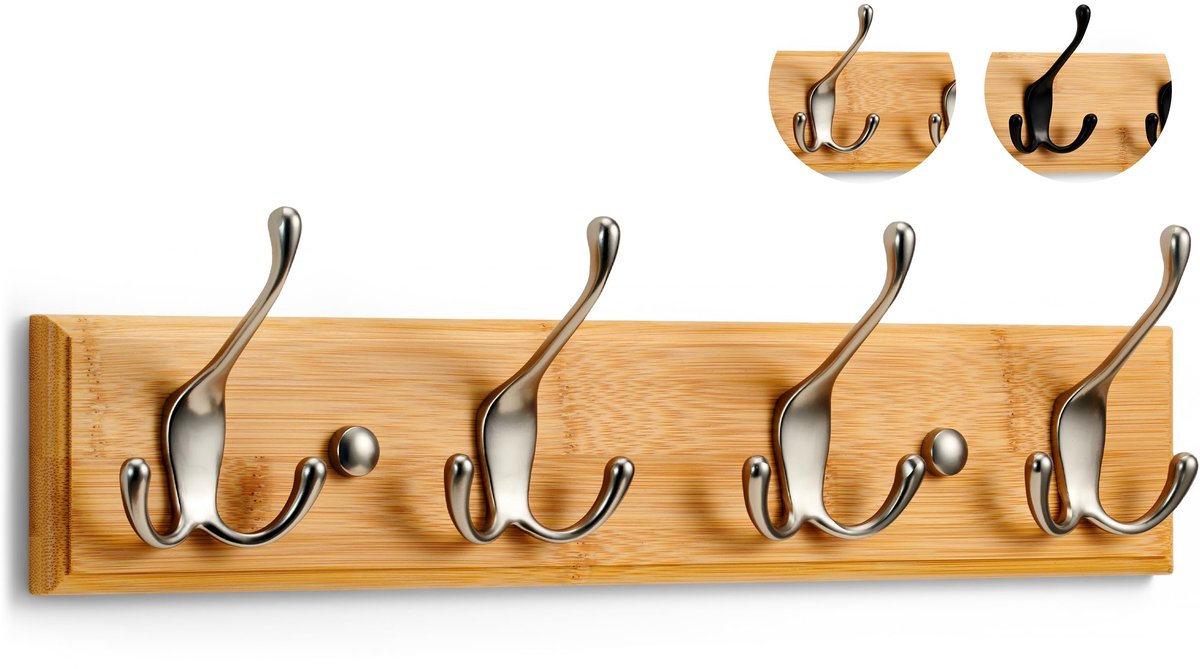 Famanu Wandkapstok van hout met 4 mat-nikkel haken, 42 cm, ideaal voor het ophangen van jassen en accessoires in de hal of gang Naturel