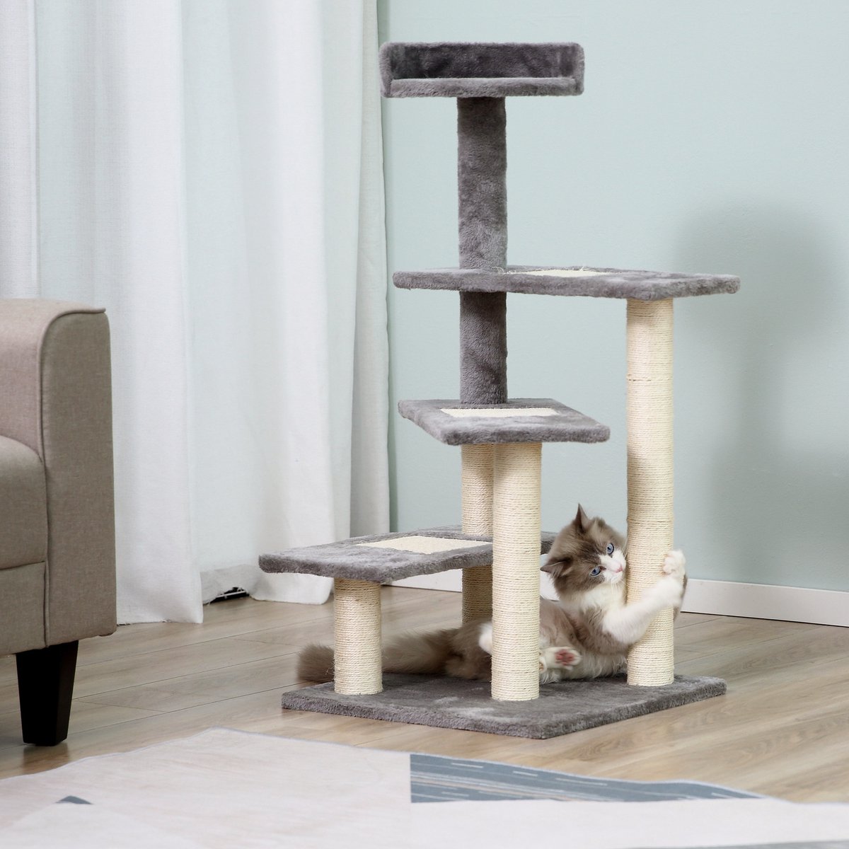 Krabpaal van 100 cm met sisalpalen-groot platform-krabpaal met meerdere niveaus-klimtoren-voor kleine katten-beige+grijs thumbnail 3