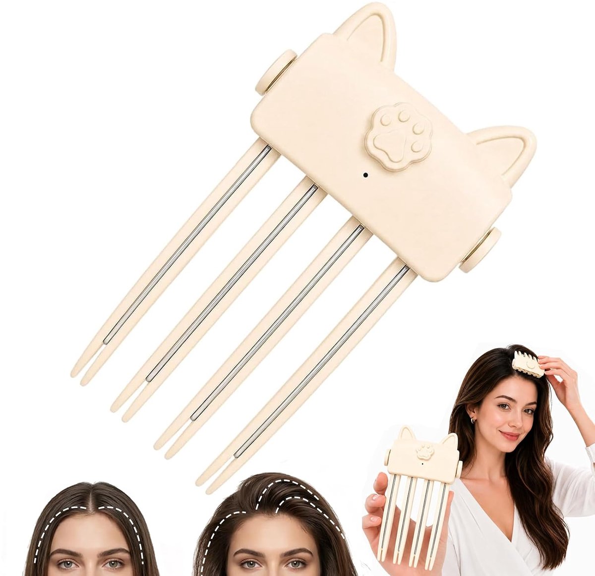 Draadloze Verwarmde Haarwortel Volume Klem - Elektrische Root Volumizer Kam - voor Fijn & Plat Haar - USB Oplaadbare Styling Tool - met Kattenpoot Design - Beige