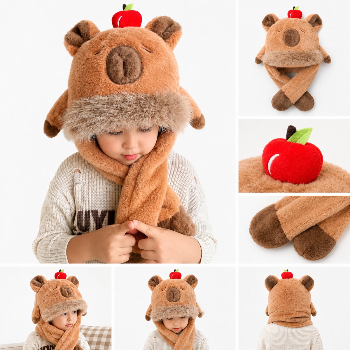 Namajunas Muts Flappen Capibara - Sjaalmuts met Bewegende Oren Bruin - Bontmuts Kinderen of Volwassenen - Dierenmuts Pluche Capybara Festival