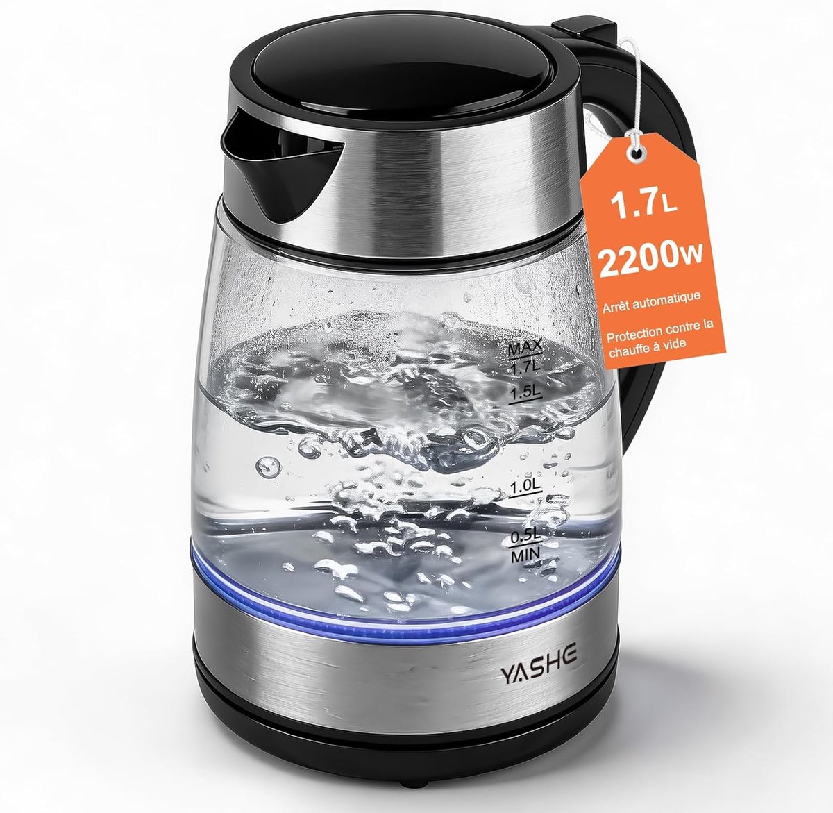 YASHE glazen waterkoker - 1,7 L - 2200 W - blauwe led