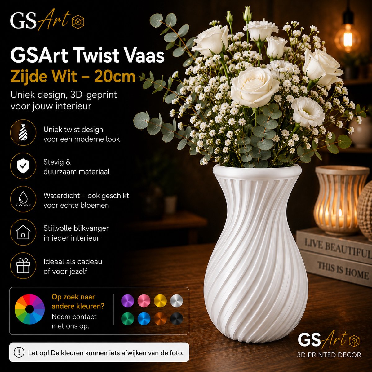 GSArt Twist Vaas 20 cm – Waterdichte 3D Geprinte Design Vaas - Zijde Wit