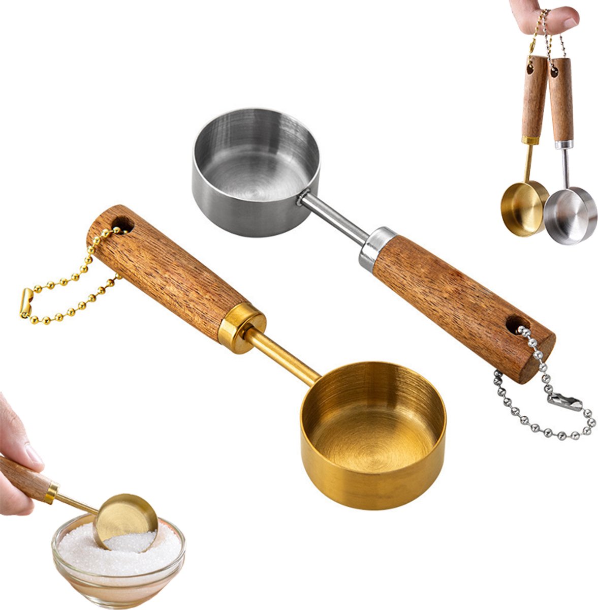 2 stuks - Koffieschepje RVS - Maatschepjes - 15 ml - met houten handvat - Schepje met hangketting - Goud + Zilver - voor koffiebonen, kruiden, suiker