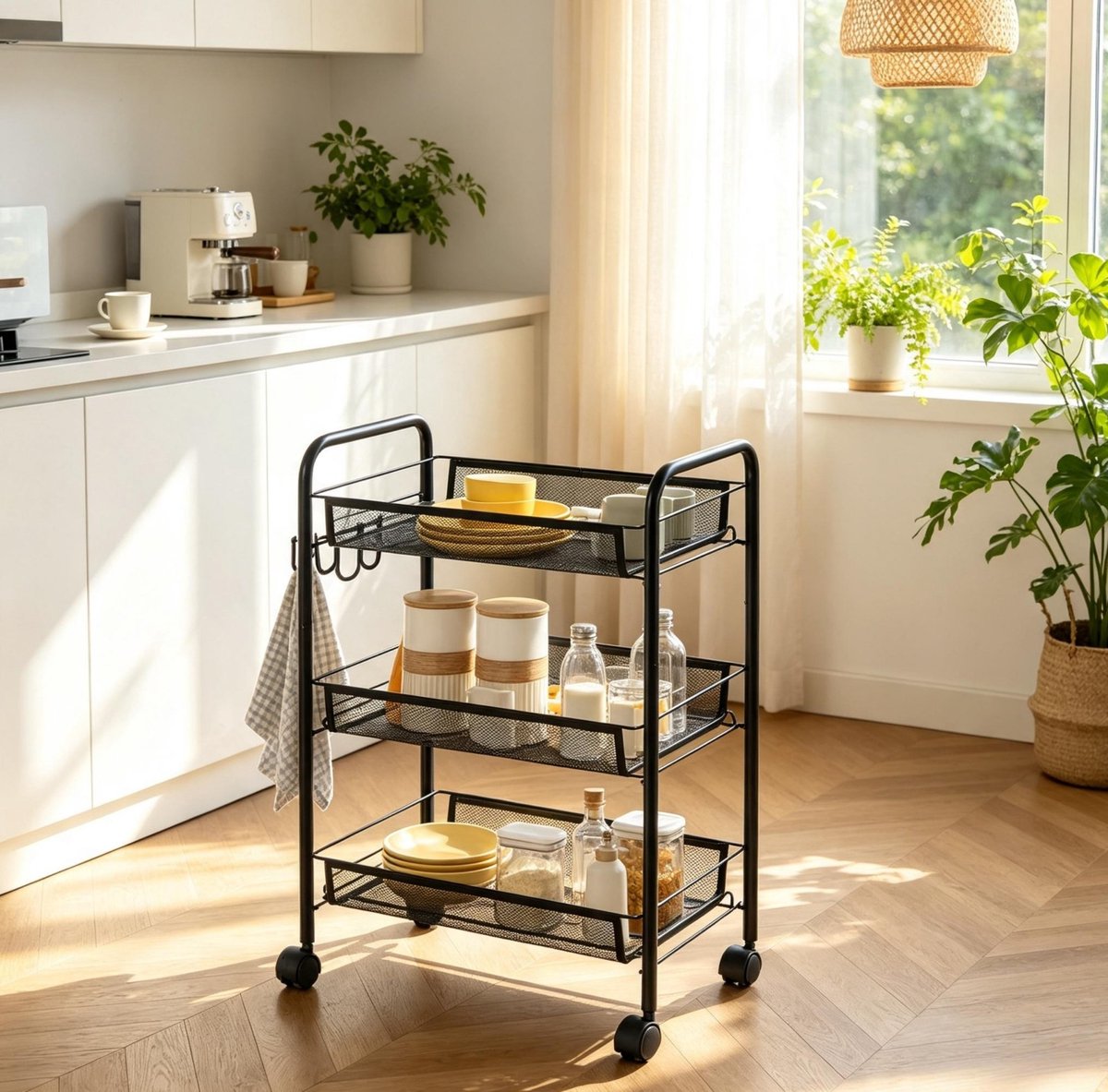 MIVRAY Keukenwagen – 3 Laags Met Netmanden En Haken – 45 X 26,5 X 63 Cm – Staal – Zwart – Opbergen En Verplaatsen In Keuken En Woning