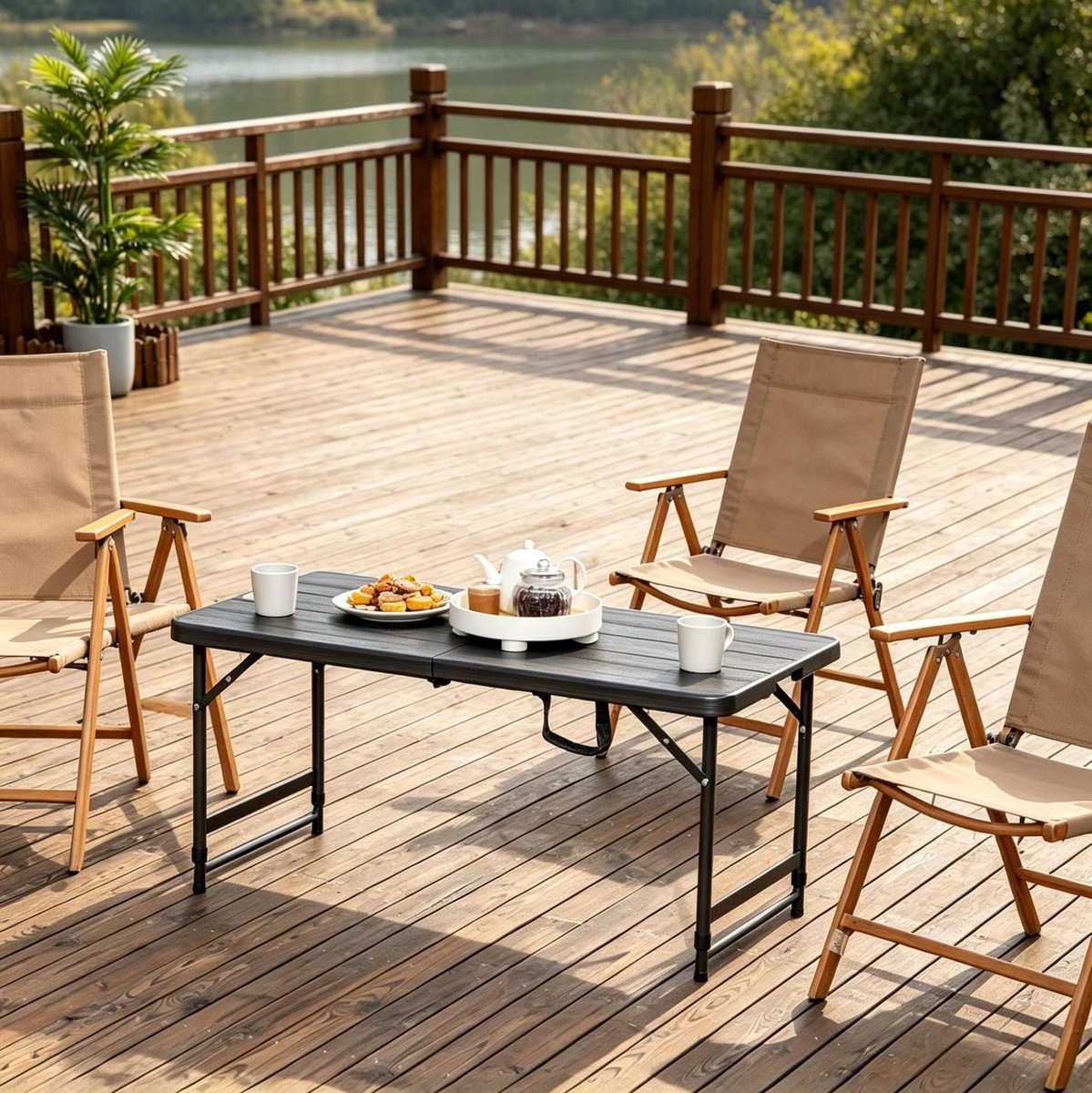FloraGrace Tuintafel - Opklapbare Eettafel Met Verstelbare Hoogte - Voor Tuin Balkon En Camping - HDPE En Staal - 118x60 Cm - Zwart Donkergrijs