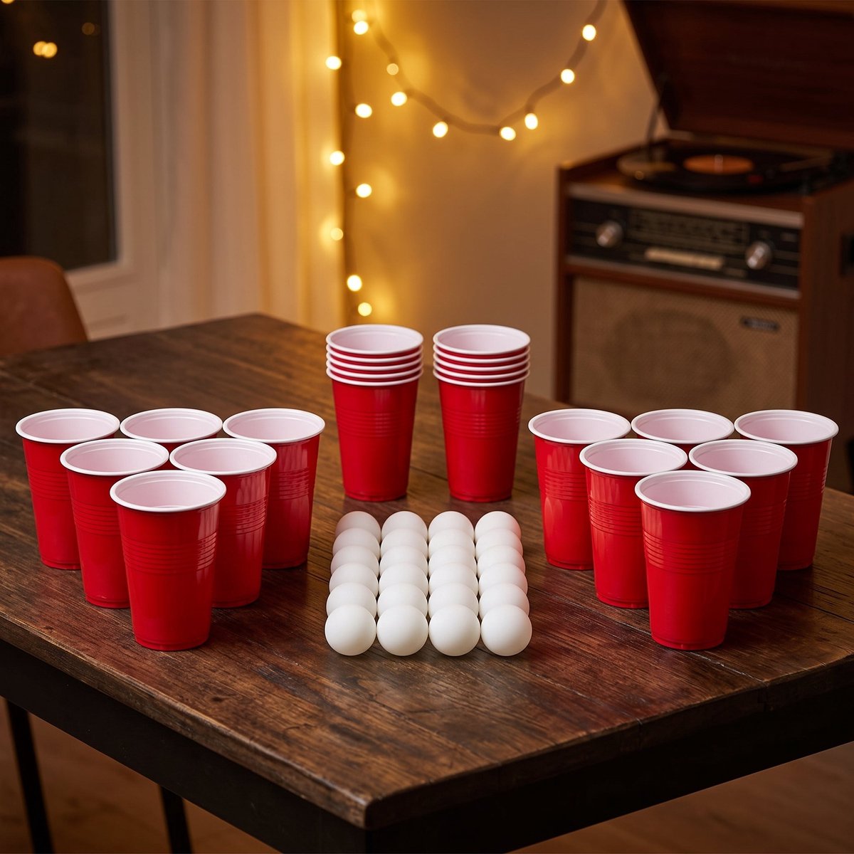 Cheqo® Beer Pong Set van 48 - Beerpong - Bierpong - Bier Pong - Drankspel - Drankspellen - Drinkspel - Red Cups - Party Cups - American Cups - Beerpong Bekers - Herbruikbare Bekers - Balletjes - Pingpong Ballen - Partyspel voor Volwassenen