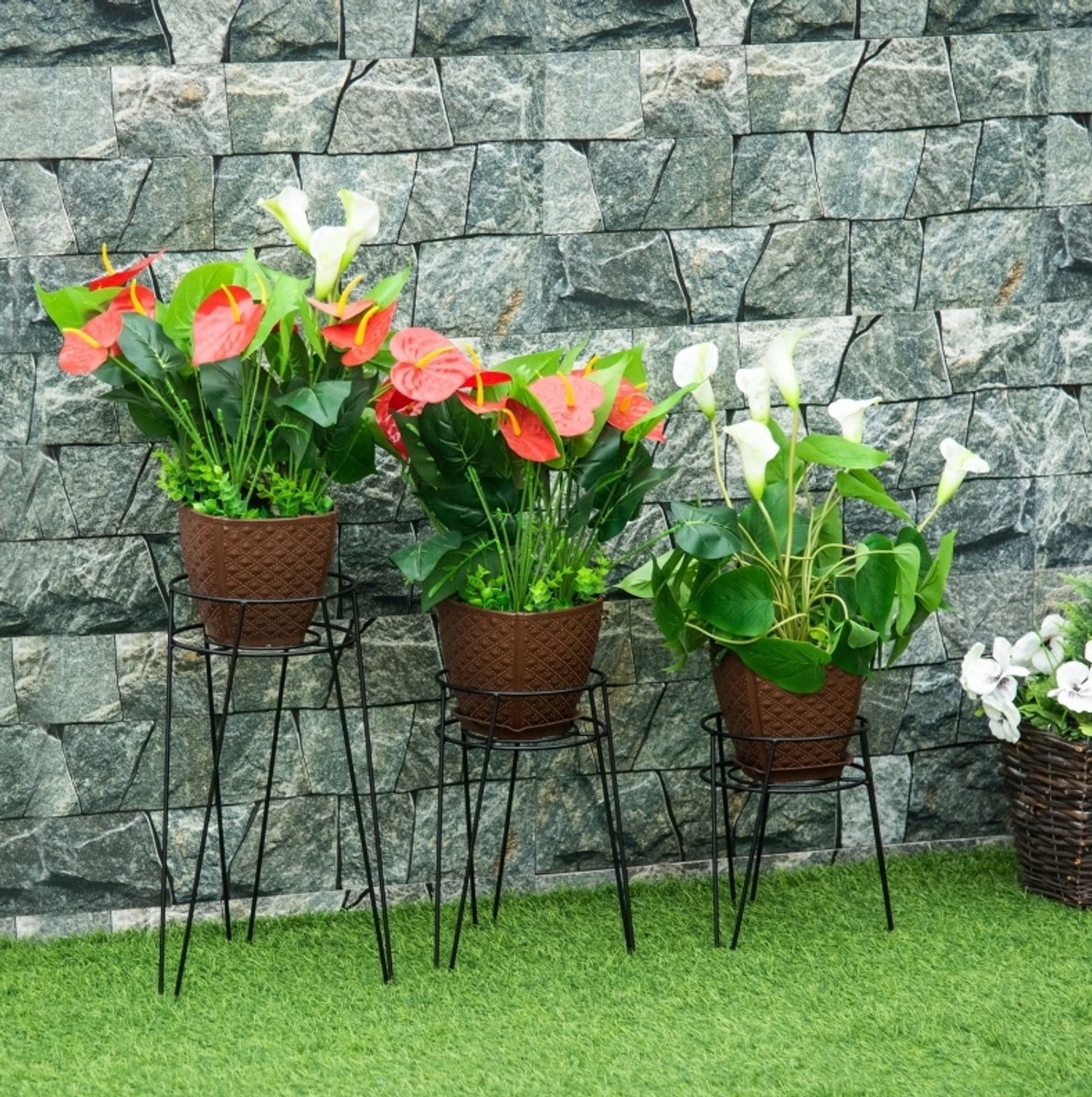 REDOM - Plantenstandaard set van 3 - Fijne draadconstructie met ronde plantdragers - Voor binnen en buiten - Staal - Zwart - 26 x 23 x 42 cm