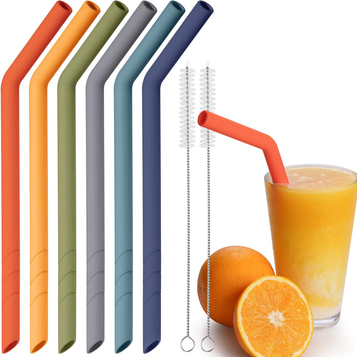 NiHome Herbruikbare extra brede gebogen siliconen rietjes 6-pack (diepe regenboog) - ShopVlot