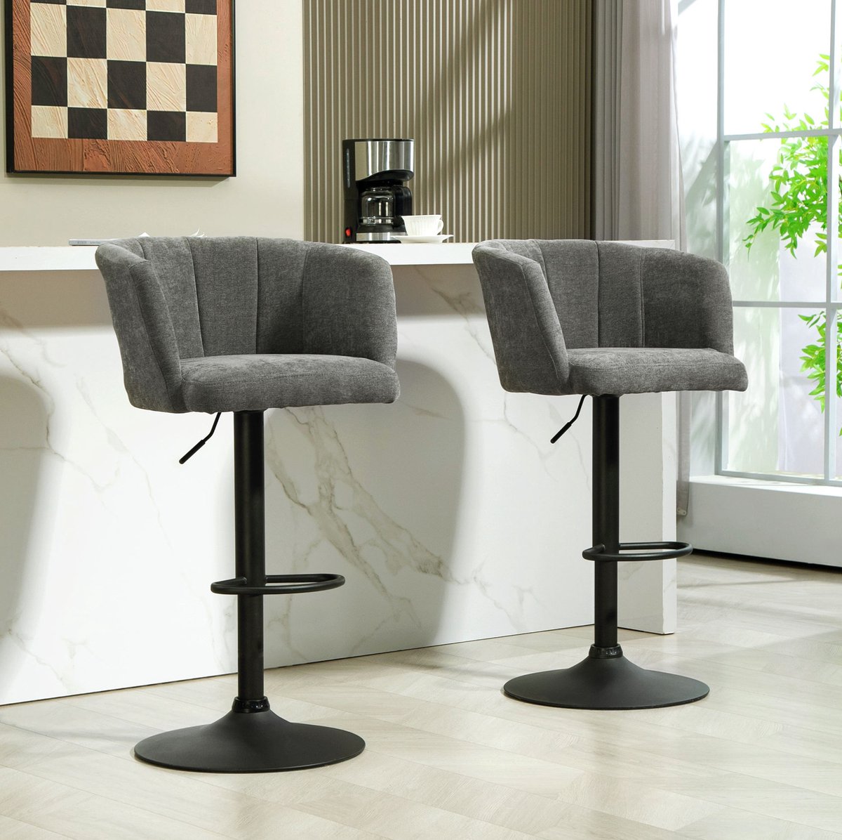 STILVORA Barkruk Set van 2 59 x 53 x 89 tot 110 cm - 360 Graden Draaibaar En In Hoogte Verstelbaar - Voor Keuken En Ontbijthoek - Stof - Donkergrijs