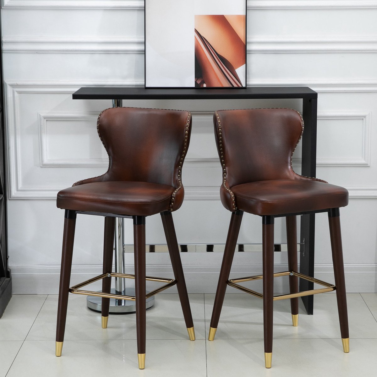 Barkruk Set Van 2 - Retro Design Met Rugleuning En Voetsteun - Voor Keuken En Bar - Kunstleer - Bruin