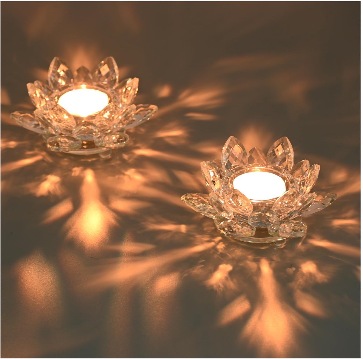 Famanu Kristallen theelichthouder in lotus bloemvorm, glazen waxinelichthouder voor kerstdecoratie, bruiloften en thuisfeestjes, set van 2 Zwart
