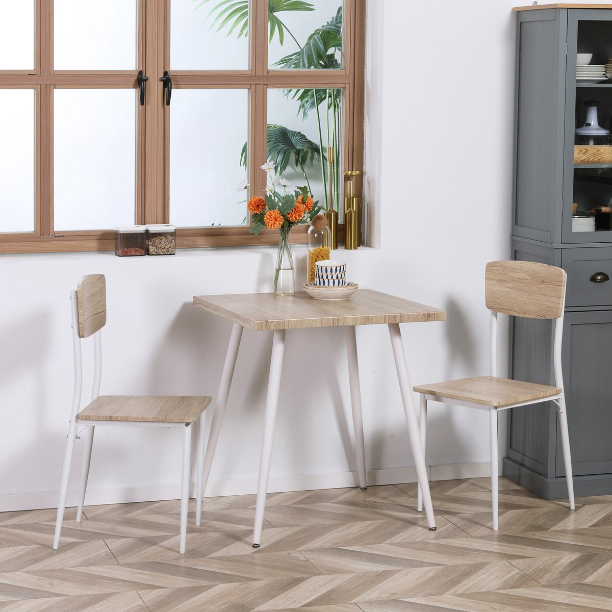 3 Delige Eetset 70 X 70 X 76 Cm - 1 Tafel En 2 Stoelen - Compact Voor Kleine Keuken En Eethoek - MDF En Metaal - Naturel Wit