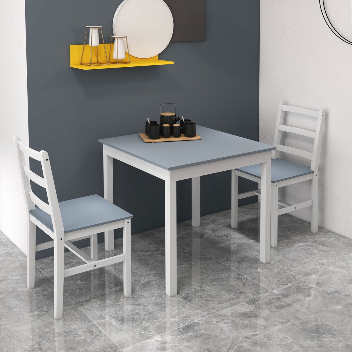 STILVORA Eettafelset 75 x 75 cm - 3-Delig Met 2 Stoelen - Ruimtebesparend Voor Keuken En Woonkamer - Hout - Grijs En Wit