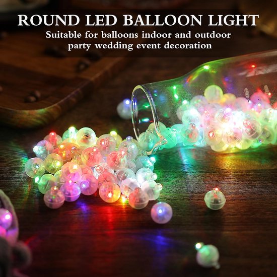 Veelkleurige ronde LED-lampjes met de tekst 'ROUND LED BALLOON LIGHT' en 'Suitable for balloons indoor and outdoor party wedding event decoration'.