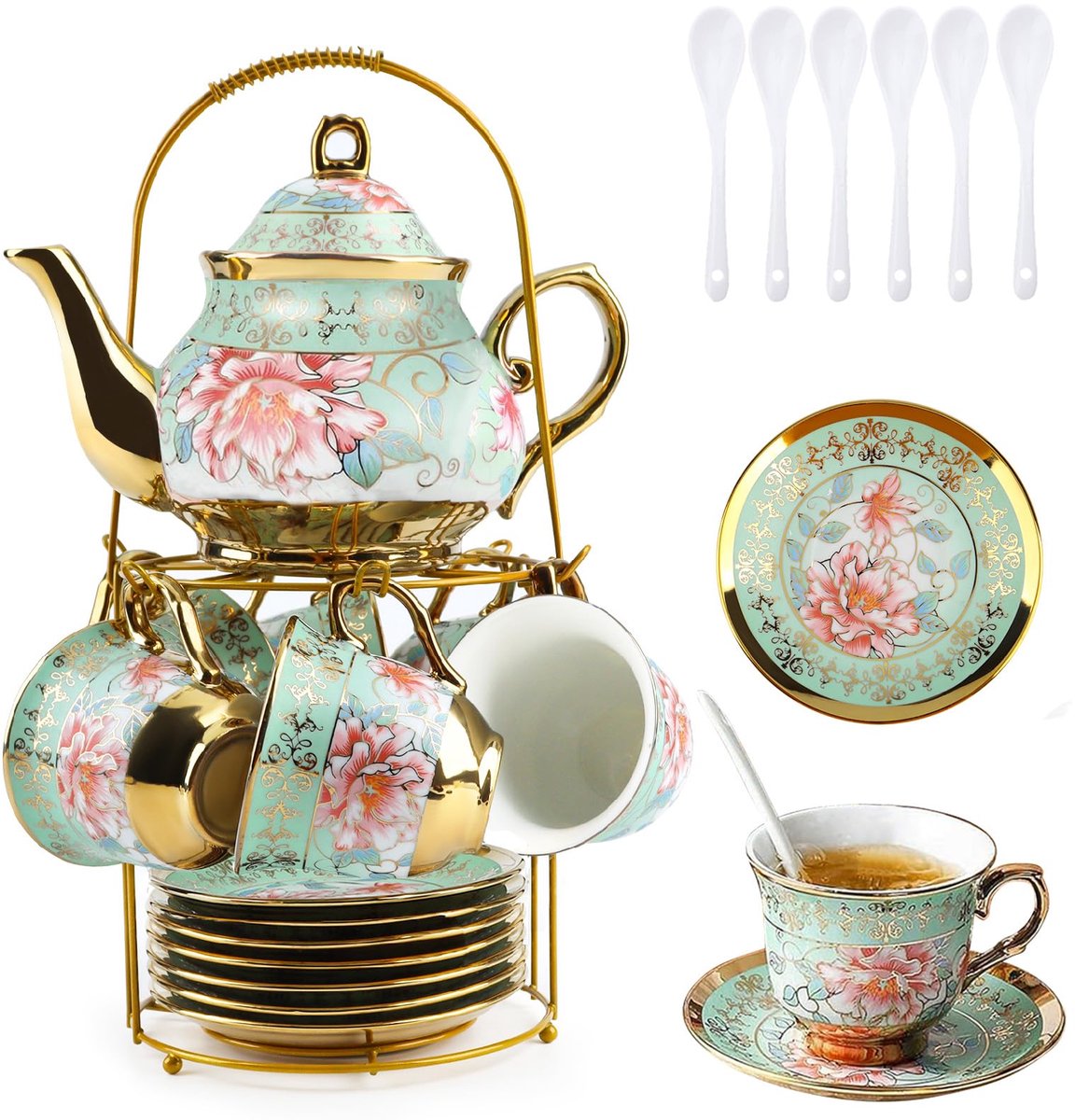 Famanu – Keramisch theeservies met metalen standaard, 20-delig porseleinen theeservies met vintage bloemenmotief, Europese stijl voor 6 personen, 160 ml theekop en 700 ml theepot