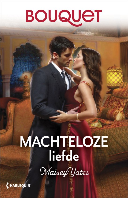 Een man in een pak en een vrouw in een rode jurk omhelzen elkaar. Titel: Machteloze liefde.