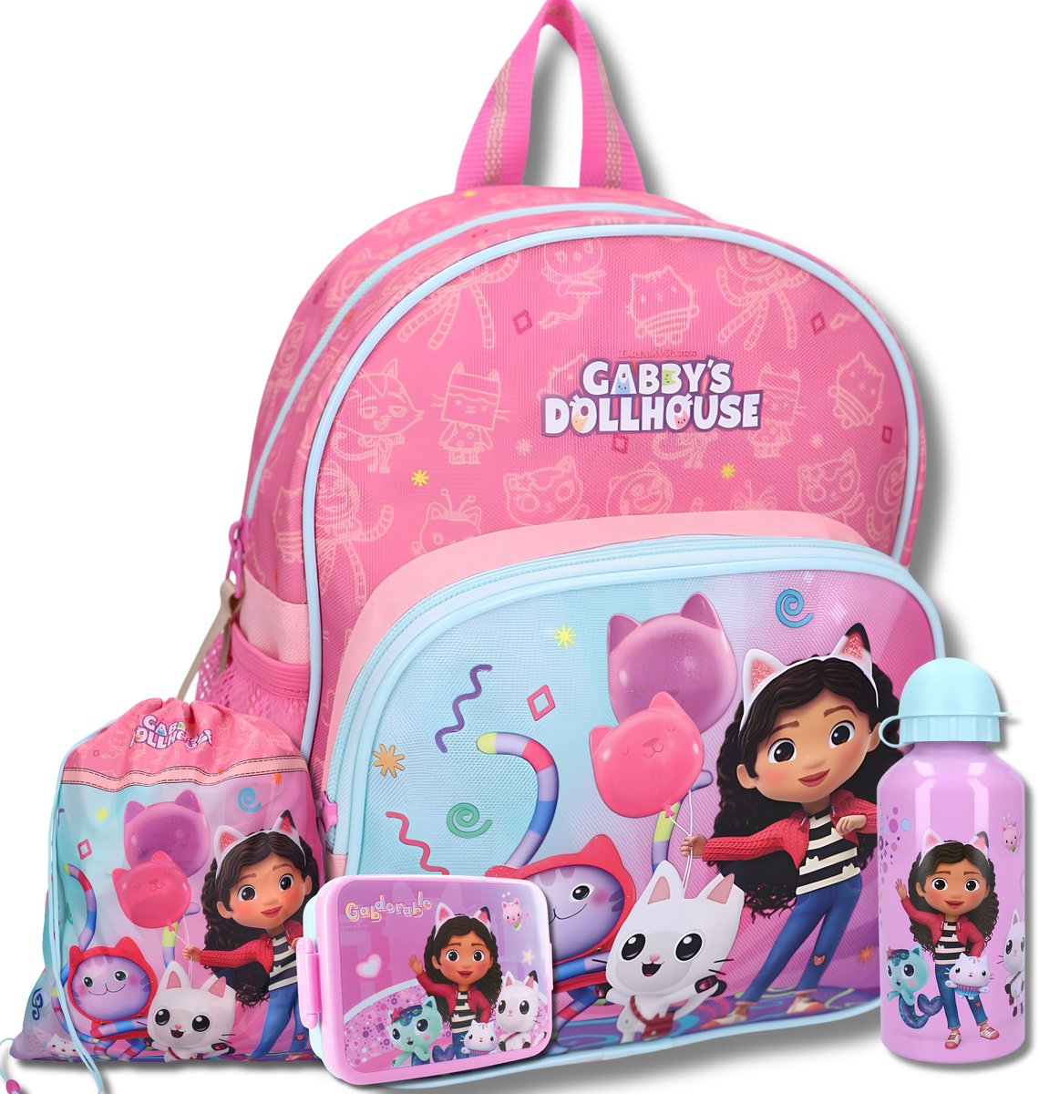 Gabby’s Dollhouse 4-Delige Schoolset Meisjes – Rugzak, Gymtas, Lunchbox & Drinkbeker – Kinder Schooltas – Roze