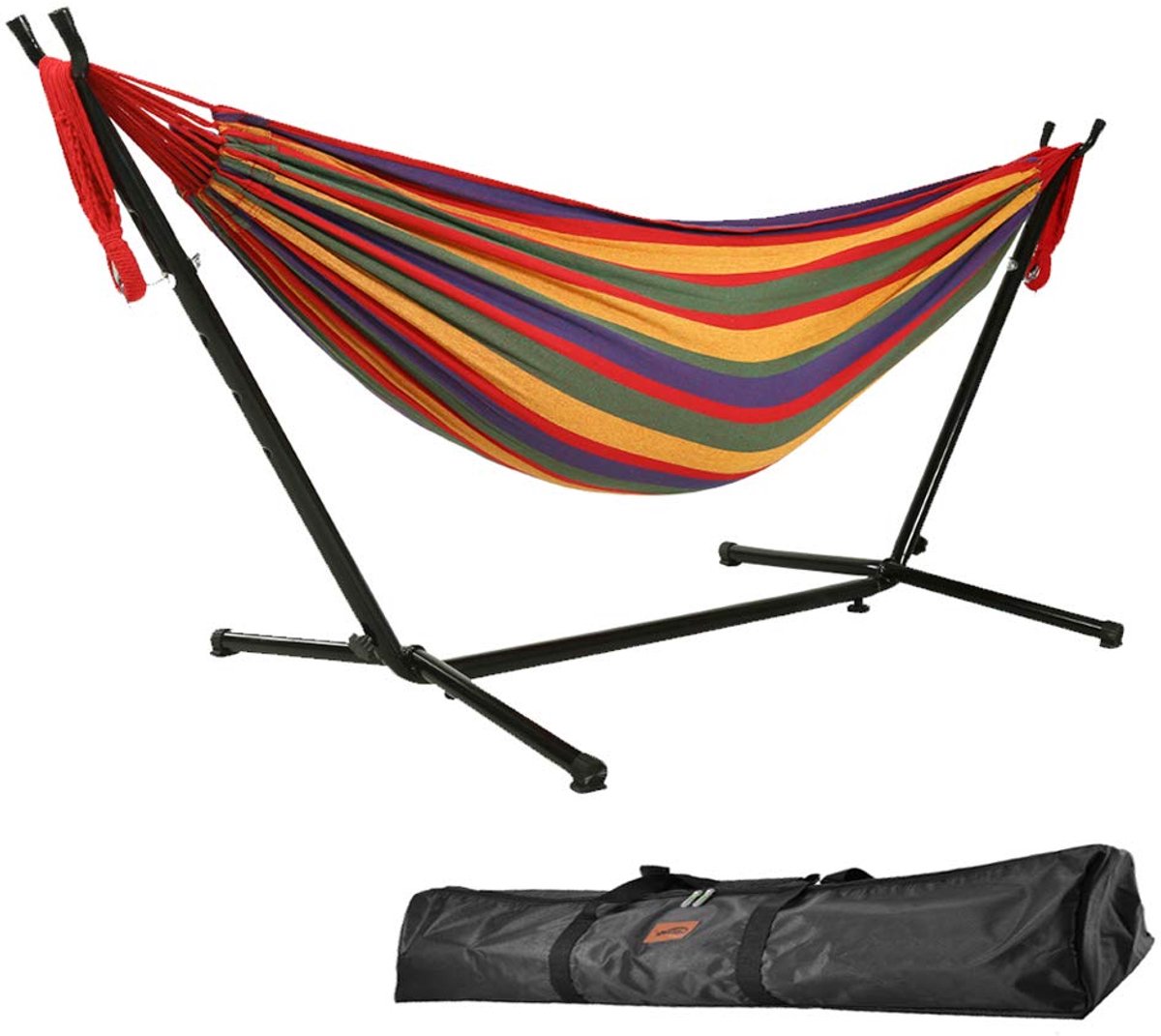 Famanu – Hangmat met standaard, 9 voet dubbel, 250 kg capaciteit, inclusief draagtas, voor binnen en buiten, terras, tuin, balkon (rood