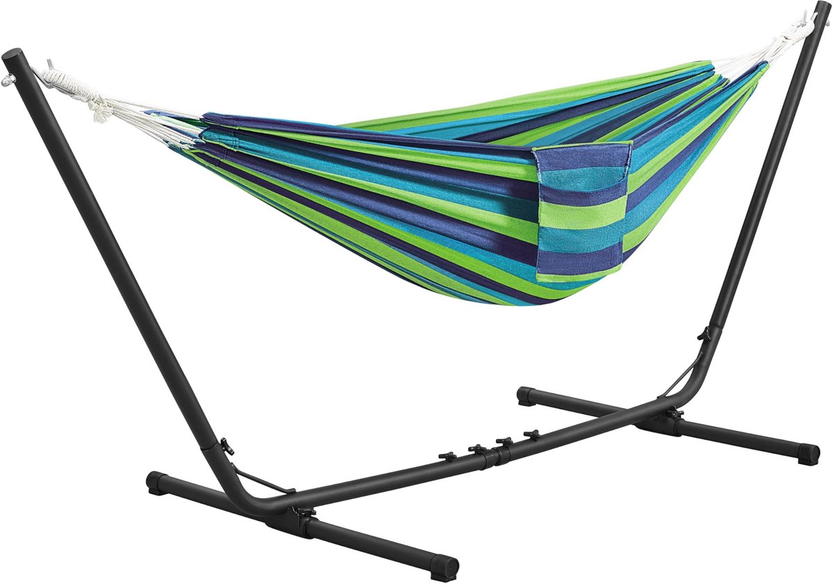 Famanu – Hangmat met metalen houder voor de tuin, draagbaar en in lengte verstelbaar voor 2 personen, duurzaam staal, blauw en groen gestreept