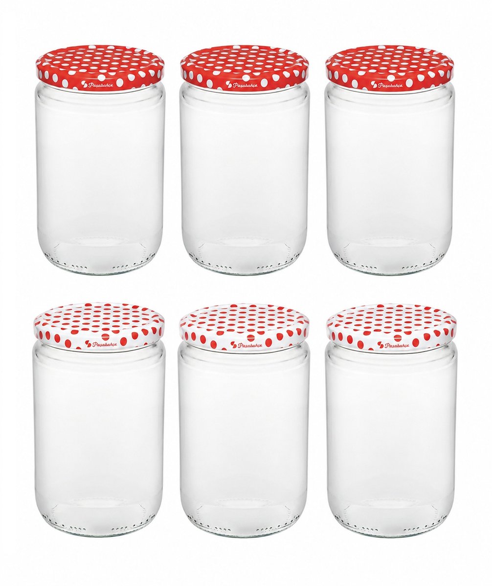 Pasabahce | 6X weckpot glas 660 ml met schroefdeksel - weckpot - opbergpot - inmaakpot - glazen pot met witte en rode deksel