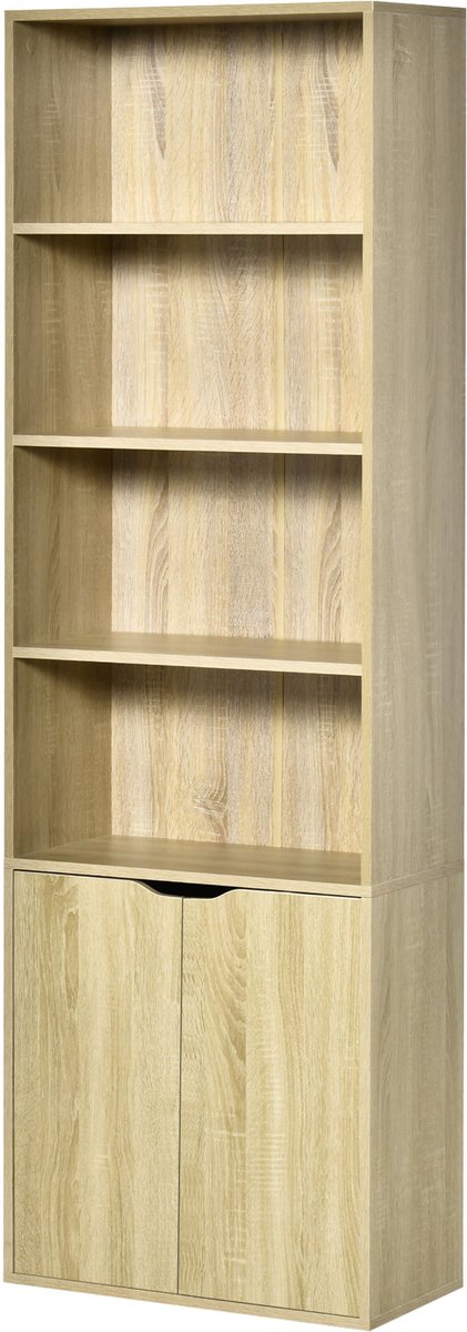 Boekenkast met 6 planken - opbergkast - 59 x 29 x 180 cm - zwart | Boekenkast - 4 open vakken - 2 deuren - opbergrek - Natuurlijk hout