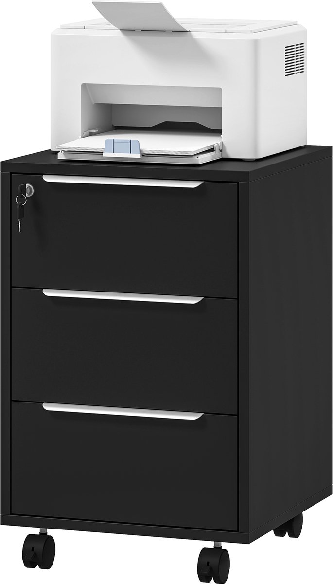 Verrijdbare bureau-kast met 3 lades - slot - opbergkast op wieltjes voor documenten en printers - compacte opbergkast