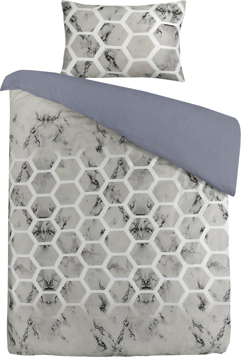 Padiro dekbedovertrek 200 x 200 cm - grijs - geometrisch / marmer patroon - katoensatijn - geometrisch patroon - met 2 kussenslopen 50 x 75 cm