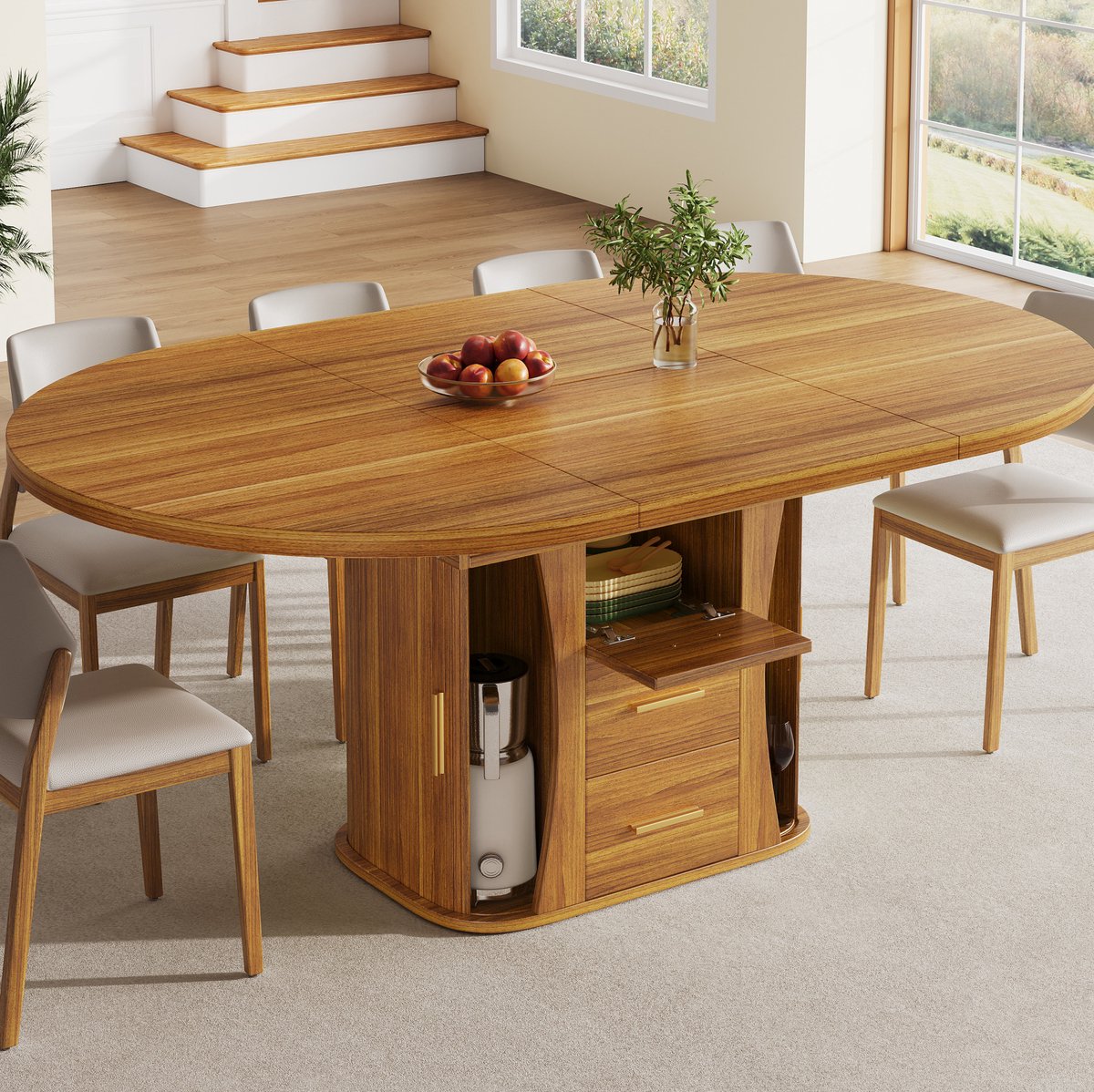 Wishdor Uitrekbare eettafel - Ronde naar ovale vorm - Met opbergruimte en lades - Modern design - Voor woonkamer keuken eetkamer - MDF - Walnoot - 118-158 x 118 x 77 cm